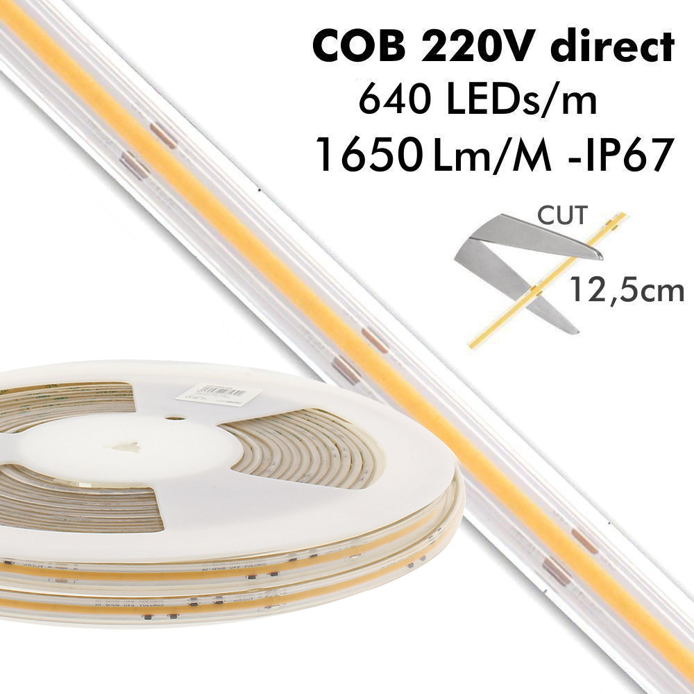 Tira LED 220V COB, 640Led/m, 15W/m, 12,5cm corte, 10 metros